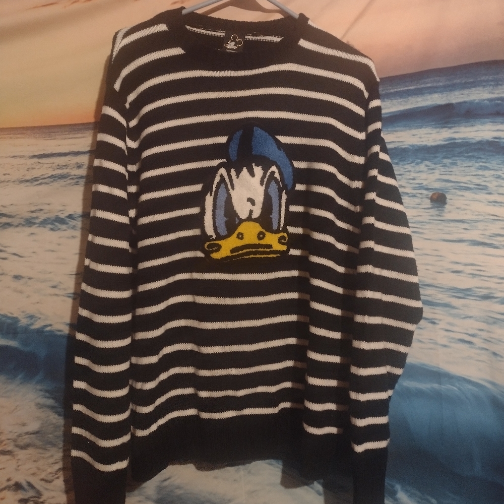 Disney Sweater Adult Large Breton Stripe Fuzzy Forever 21 Donald Duck Knit Mens